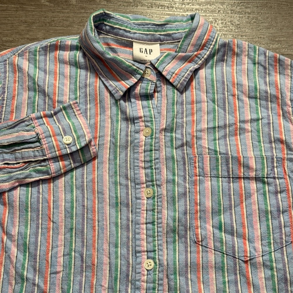 GAP Shirt Mens Medium Multicolor Stripe Linen Cotton Blend The Easy Shirt Button